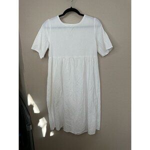 Womens White Dress Medium short‎ sleeve midi dress pullover round neck Cotton